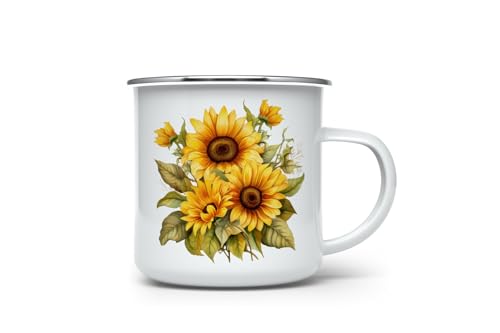MAXIKIWI Langlebige Emaille-Kaffee- oder Tee-Camping-Tasse für drinnen und draußen, Herbst-Sonnenblumen-Aquarell, 350 ml von MAXIKIWI