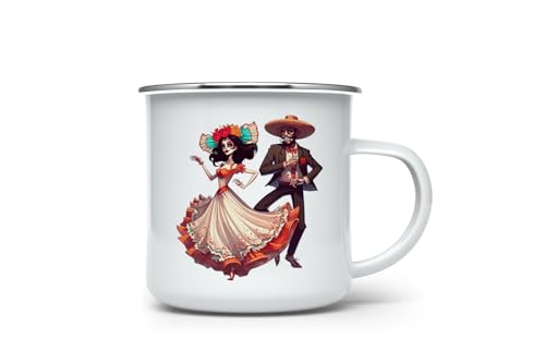 MAXIKIWI Langlebige Emaille-Kaffee- oder Tee-Camping-Tasse für drinnen und draußen, La Calavera Catrina Tanzpaar, 350 ml von MAXIKIWI