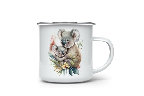 MAXIKIWI Langlebige Emaille-Kaffee- oder Tee-Camping-Tasse für drinnen und draußen, Motiv: Mama und Baby, Koala-Aquarell, 350 ml von MAXIKIWI