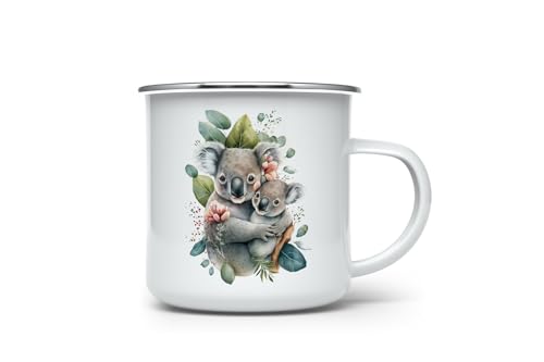 MAXIKIWI Langlebige Emaille-Kaffee- oder Tee-Camping-Tasse für drinnen und draußen, Motiv: Mama und Baby, Koala-Aquarell, 350 ml von MAXIKIWI