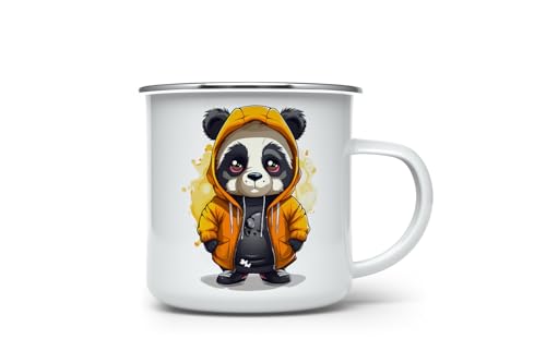 MAXIKIWI Langlebige Emaille-Kaffee- oder Tee-Camping-Tasse für drinnen und draußen, Panda im Kapuzenpullover, 350 ml von MAXIKIWI