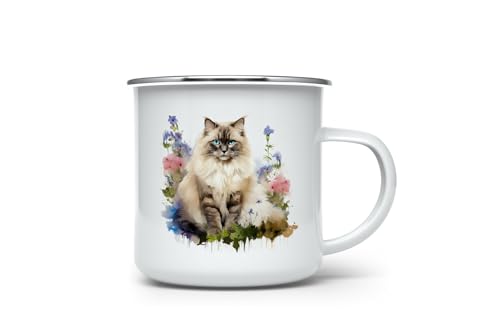 MAXIKIWI Langlebige Emaille-Kaffee- oder Tee-Camping-Tasse für drinnen und draußen, Ragdoll-Katze im Garten, 350 ml von MAXIKIWI