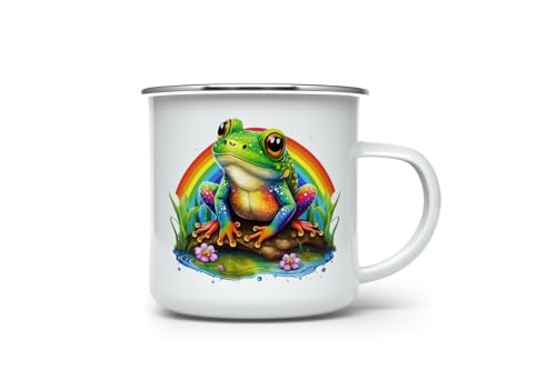 MAXIKIWI Langlebige Emaille-Kaffee- oder Tee-Camping-Tasse für drinnen und draußen, Regenbogen-Frosch-Aquarell, 350 ml von MAXIKIWI