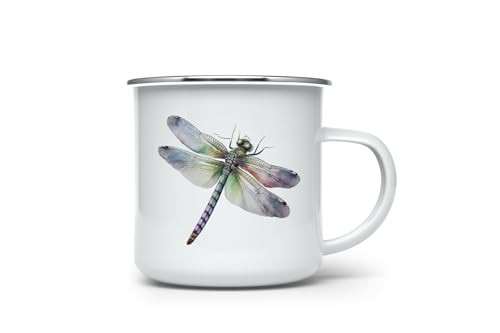 MAXIKIWI Langlebige Emaille-Kaffee- oder Tee-Camping-Tasse für drinnen und draußen, Retro-Libellen-Aquarell, 350 ml von MAXIKIWI
