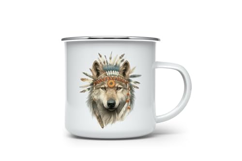 MAXIKIWI - Langlebige Emaille-Kaffee- oder Tee-Camping-Tasse für drinnen und draußen, Tiere, Indianer, 350 ml von MAXIKIWI