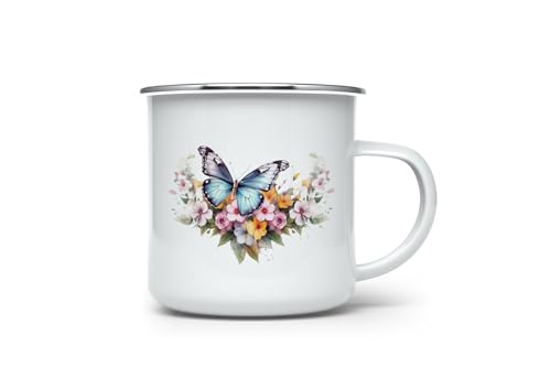 MAXIKIWI Langlebige Emaille-Kaffee- oder Tee-Camping-Tasse für drinnen und draußen, Vintage-Blumen-Schmetterlinge, 350 ml von MAXIKIWI
