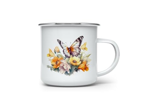 MAXIKIWI Langlebige Emaille-Kaffee- oder Tee-Camping-Tasse für drinnen und draußen, Vintage-Blumen-Schmetterlinge, 350 ml von MAXIKIWI