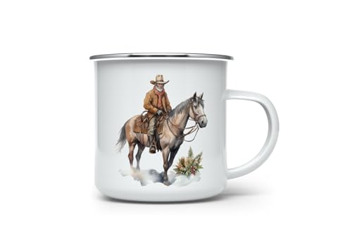 MAXIKIWI Langlebige Emaille-Kaffee- oder Tee-Camping-Tasse für drinnen und draußen, Western-Weihnachts-Cowboy, 350 ml, EN034311 von MAXIKIWI