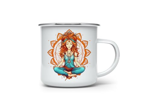 MAXIKIWI Langlebige Emaille-Kaffee- oder Tee-Camping-Tasse für drinnen und draußen, Yoga-Mädchen und Mandala, 350 ml von MAXIKIWI
