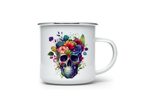 MAXIKIWI Langlebige Emaille-Kaffee- oder Tee-Camping-Tasse für drinnen und draußen, floraler Totenkopf-Aquarell, 350 ml von MAXIKIWI