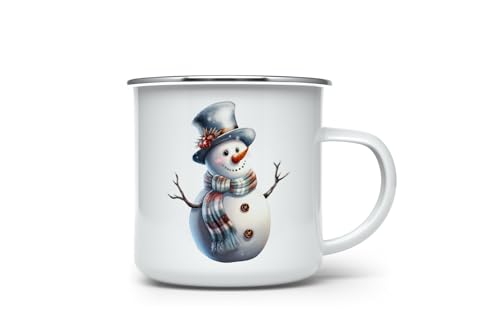 MAXIKIWI Langlebige Emaille-Kaffee- oder Tee-Camping-Tasse für drinnen und draußen, klassische Schneemann-Aquarellfarbe, 350 ml von MAXIKIWI