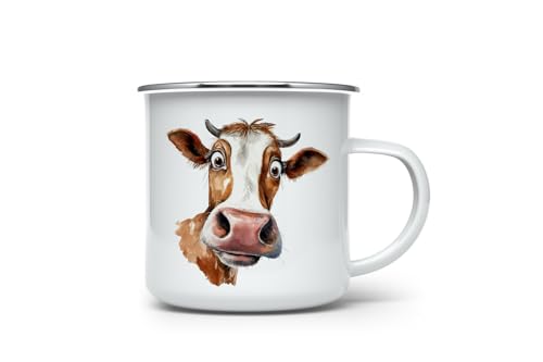 MAXIKIWI Langlebige Emaille-Kaffee- oder Tee-Camping-Tasse für drinnen und draußen, lustige Kuh-Aquarellfarbe, 350 ml von MAXIKIWI