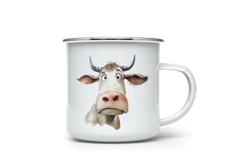 MAXIKIWI Langlebige Emaille-Kaffee- oder Tee-Camping-Tasse für drinnen und draußen, lustige Kuh-Aquarellfarbe, 350 ml von MAXIKIWI