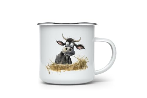 MAXIKIWI Langlebige Emaille-Kaffee- oder Tee-Camping-Tasse für drinnen und draußen, lustige Kuh-Aquarellfarbe, 350 ml von MAXIKIWI