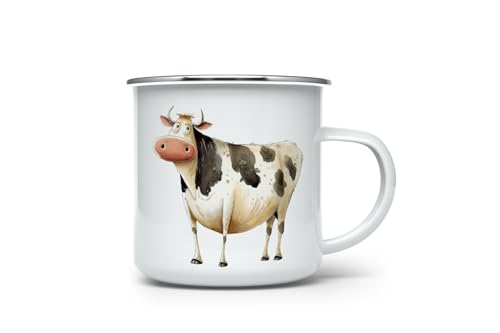 MAXIKIWI Langlebige Emaille-Kaffee- oder Tee-Camping-Tasse für drinnen und draußen, lustige Kuh-Aquarellfarbe, 350 ml von MAXIKIWI