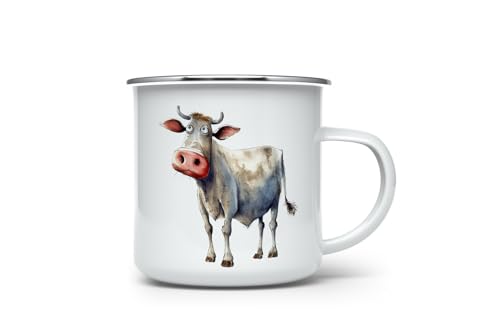 MAXIKIWI Langlebige Emaille-Kaffee- oder Tee-Camping-Tasse für drinnen und draußen, lustige Kuh-Aquarellfarbe, 350 ml von MAXIKIWI