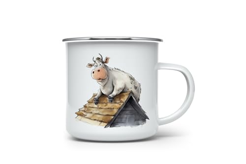 MAXIKIWI Langlebige Emaille-Kaffee- oder Tee-Camping-Tasse für drinnen und draußen, lustige Kuh-Aquarellfarbe, 350 ml von MAXIKIWI