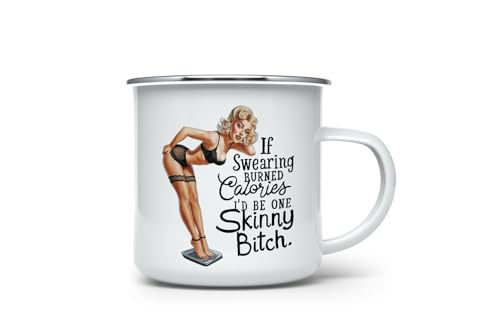MAXIKIWI Langlebige Emaille-Kaffee- oder Tee-Camping-Tasse für drinnen und draußen, lustige Pinup-Girl-Zitate, Grafiken, 350 ml von MAXIKIWI