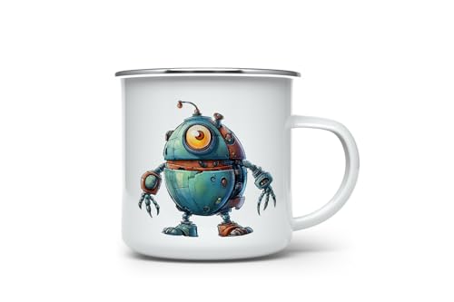MAXIKIWI Langlebige Emaille-Kaffee- oder Tee-Camping-Tasse für drinnen und draußen, lustige Roboter-Aquarellfarbe, 350 ml von MAXIKIWI
