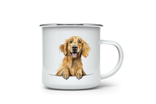MAXIKIWI Langlebige Emaille-Kaffee- oder Tee-Camping-Tasse für drinnen und draußen, lustiger Golden Retriever, 350 ml von MAXIKIWI