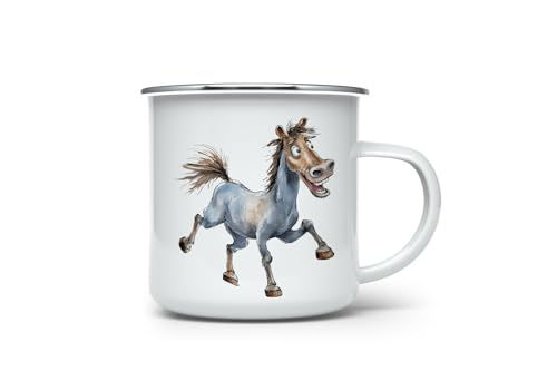MAXIKIWI Langlebige Emaille-Kaffee- oder Tee-Camping-Tasse für drinnen und draußen, lustiges Pferd, 350 ml von MAXIKIWI