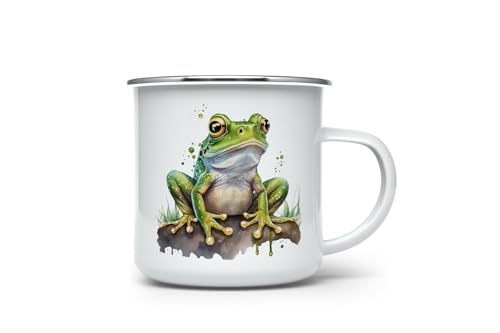 MAXIKIWI Langlebige Emaille-Kaffee- oder Tee-Camping-Tasse für drinnen und draußen, niedliche Frosch-Kollektion, Aquarell, 350 ml von MAXIKIWI