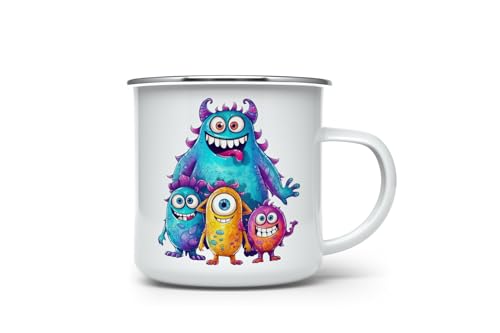 MAXIKIWI Langlebige Emaille-Kaffee- oder Tee-Camping-Tasse für drinnen und draußen, niedliche Monster-Familien-Aquarell-Grafiken, 350 ml von MAXIKIWI