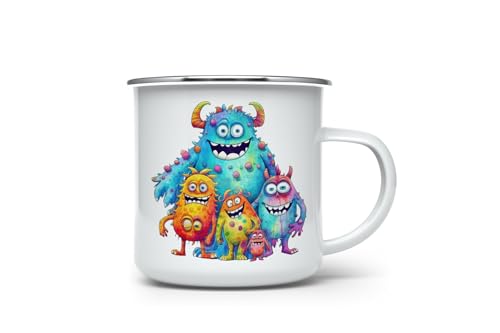 MAXIKIWI Langlebige Emaille-Kaffee- oder Tee-Camping-Tasse für drinnen und draußen, niedliche Monster-Familien-Aquarell-Grafiken, 350 ml von MAXIKIWI