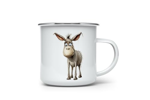MAXIKIWI Langlebige Emaille-Kaffee- oder Tee-Camping-Tasse für drinnen und draußen, niedlicher lustiger Esel, 350 ml von MAXIKIWI