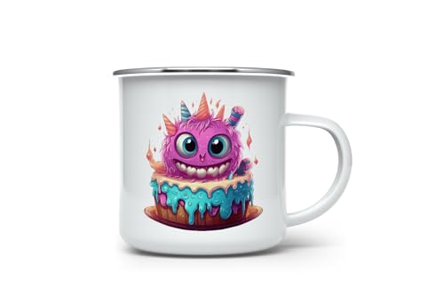 MAXIKIWI Langlebige Emaille-Kaffee- oder Tee-Camping-Tasse für drinnen und draußen, niedliches Geburtstagsmonster, 350 ml von MAXIKIWI