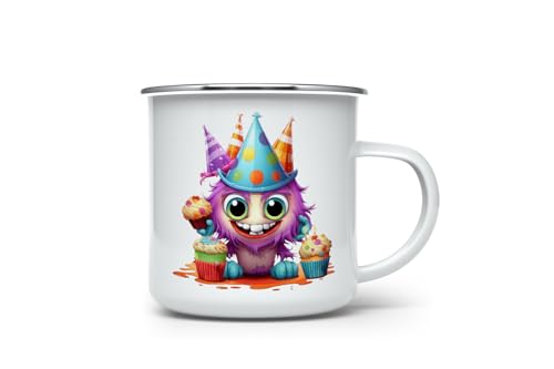 MAXIKIWI Langlebige Emaille-Kaffee- oder Tee-Camping-Tasse für drinnen und draußen, niedliches Geburtstagsmonster, 350 ml von MAXIKIWI