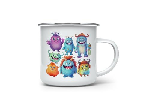 MAXIKIWI Langlebige Emaille-Kaffee- oder Tee-Camping-Tasse für drinnen und draußen, niedliches Monster-Aquarell, 350 ml von MAXIKIWI