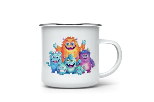 MAXIKIWI Langlebige Emaille-Kaffee- oder Tee-Camping-Tasse für drinnen und draußen, niedliches Monster-Aquarell, 350 ml von MAXIKIWI