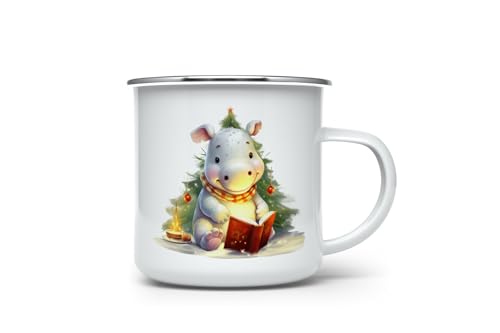 MAXIKIWI Langlebige Emaille-Kaffee- oder Tee-Camping-Tasse für drinnen und draußen, niedliches Weihnachtsnilpferd, 350 ml von MAXIKIWI