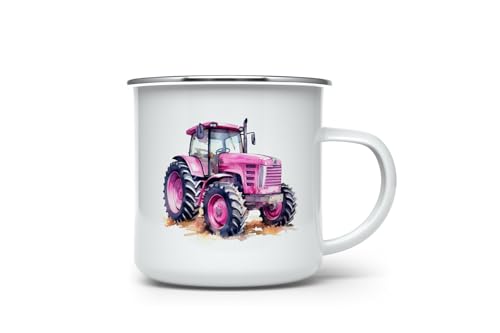 MAXIKIWI Langlebige Emaille-Kaffee- oder Tee-Camping-Tasse für drinnen und draußen, rosa Traktor-Aquarell, 350 ml von MAXIKIWI