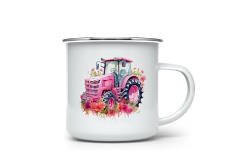 MAXIKIWI Langlebige Emaille-Kaffee- oder Tee-Camping-Tasse für drinnen und draußen, rosa Traktor-Aquarell, 350 ml von MAXIKIWI