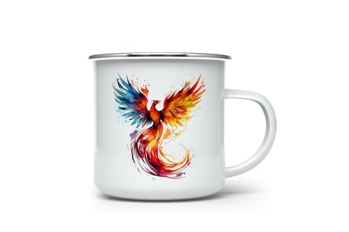 MAXIKIWI Langlebige Emaille-Kaffee- oder Tee-Campingbecher für drinnen und draußen, Feuerphoenix, 350 ml von MAXIKIWI