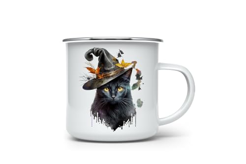 MAXIKIWI - Langlebiger Emaille-Kaffee- oder Tee-Camping-Becher für den Innen- und Außenbereich - Aquarell Schwarze Katze Hexe - 350 ml von MAXIKIWI