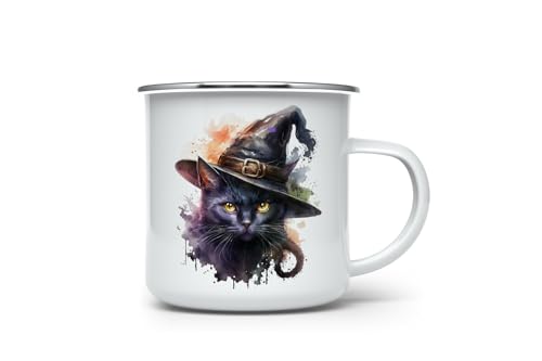 MAXIKIWI - Langlebiger Emaille-Kaffee- oder Tee-Camping-Becher für den Innen- und Außenbereich - Aquarell Schwarze Katze Hexe - 350 ml von MAXIKIWI