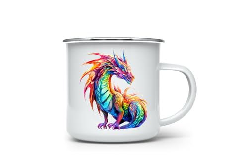 MAXIKIWI - Langlebiger Emaille-Kaffee- oder Tee-Campingbecher für den Innen- und Außenbereich - Bunte Drachen-Aquarell - 350ml von MAXIKIWI