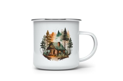 MAXIKIWI - Langlebiger Emaille-Kaffee- oder Tee-Campingbecher für den Innen- und Außenbereich - Vintage Blockhütte Aquarell - 350 ml von MAXIKIWI