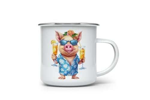 MAXIKIWI Langlebiger Emaille-Kaffee- oder Tee-Campingbecher für drinnen und draußen, Schwein mit Sonnenbrille, tropisch, 350 ml von MAXIKIWI