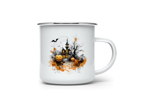 MAXIKIWI - Langlebiger Emaille-Kaffee- oder Teetasse für den Innen- und Außenbereich – Halloween-Gothic-Haus – 350 ml von MAXIKIWI