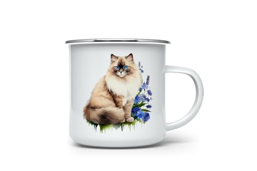 MAXIKIWI - Langlebiger Emaille-Kaffee- oder Teetasse für den Innen- und Außenbereich – Ragdoll-Katze im Garten – 350 ml von MAXIKIWI