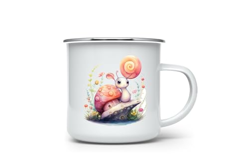 MAXIKIWI - Langlebiger Emaille-Kaffee- oder Teetasse für den Innen- und Außenbereich – niedliche Feen-Schnecken-Illustration – 350 ml von MAXIKIWI