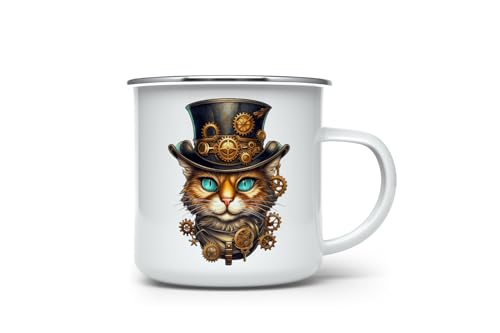 MAXIKIWI - Robuste Emaille-Kaffee- oder Teetasse für den Innen- und Außenbereich – Steampunk-Katzen-Design – 350 ml von MAXIKIWI