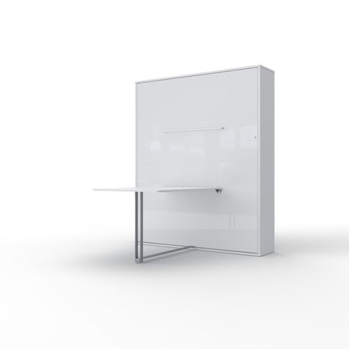 MAXIMAHOUSE Schrankbett Vertical mit Tisch/Schreibtisch Lattenrost aus Holz, Invento LED 140V, Wandklappbett 140x200 (Weiß/Weiß glanz) von MAXIMAHOUSE