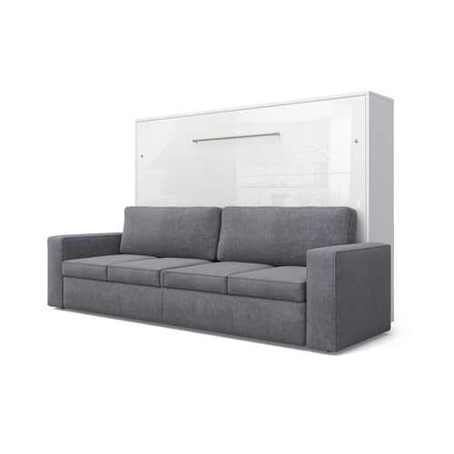 MAXIMAHOUSE Schrankbett horizontal Invento LED 140H (140x200) mit Sofa Milo 23, Wandbett (Weiss/Weiss Glanz + graues Sofa) von MAXIMAHOUSE