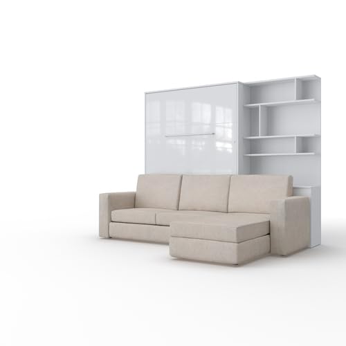MAXIMAHOUSE Schrankbett vertikal Invento LED 140V (140x200) mit Ecksofa Milo und Regal (Weiß/Weiß Glanz + beiges Ecksofa + Regal) von MAXIMAHOUSE