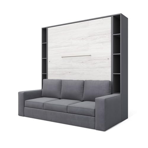 MAXIMAHOUSE Schrankbett vertikal Invento LED 160V (160x200) mit Sofa Milo und Regalen (Grau/Eiche Monaco + graues Sofa + Regalen) von MAXIMAHOUSE